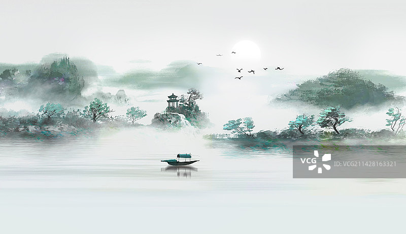 中国风意境水彩山水画背景图片素材
