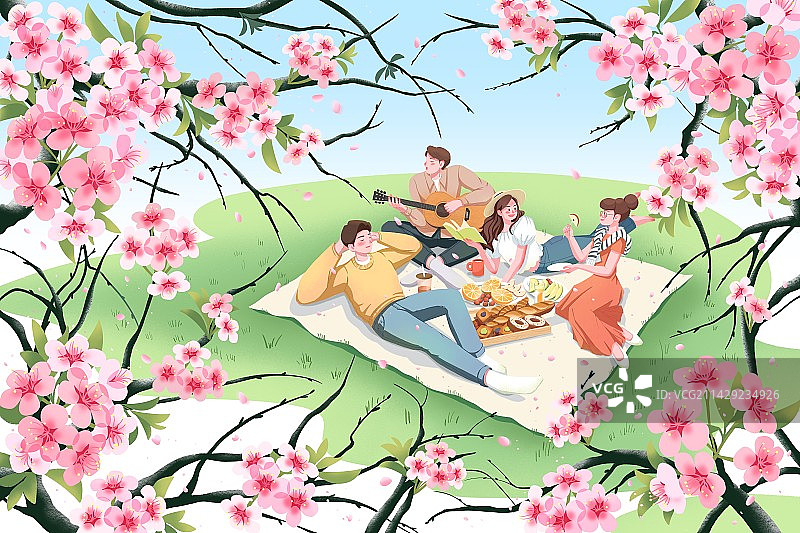 春天桃花樱花开放朋友情侣聚会郊游野餐露营赏花插画图片素材
