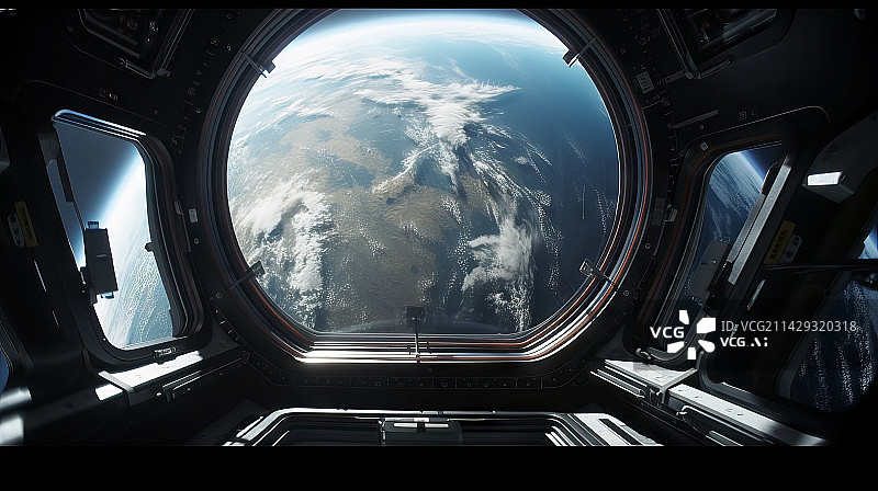 【AI数字艺术】透过航天器窗口看地球的景色图片素材