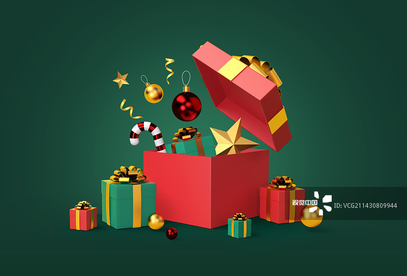 编辑的图像打开礼品盒与小盒子和圣诞装饰品的绿色背景图片素材