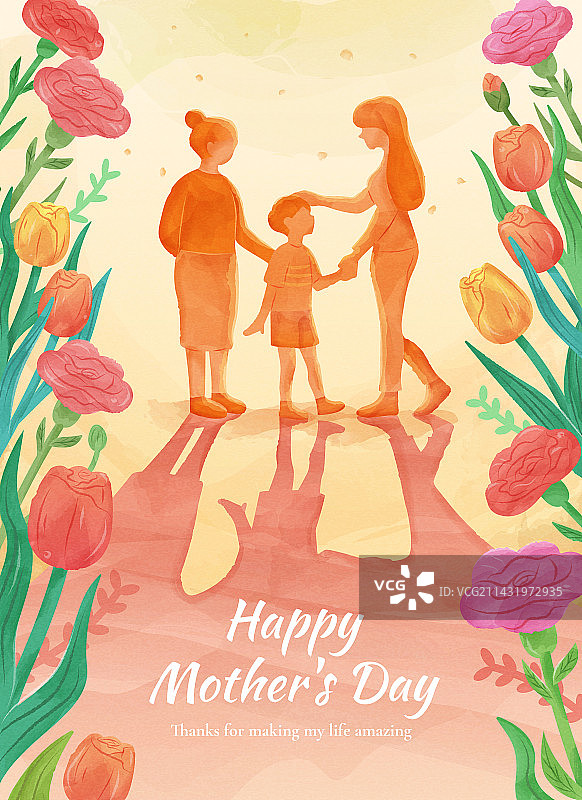 母亲节水彩插画海报 温馨家人剪影与花丛图片素材