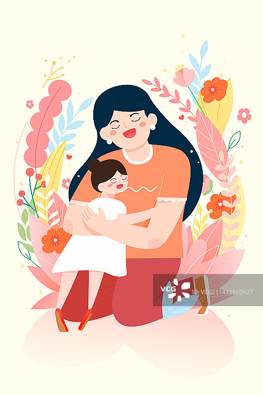 妈妈和女儿甜蜜拥抱植物和花矢量插画竖图图片素材