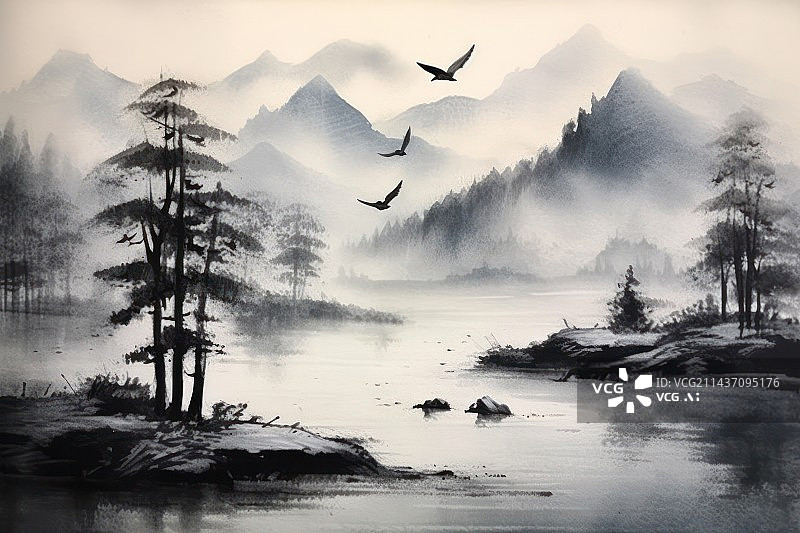 【AI数字艺术】中国传统风格的水墨山水画图片素材