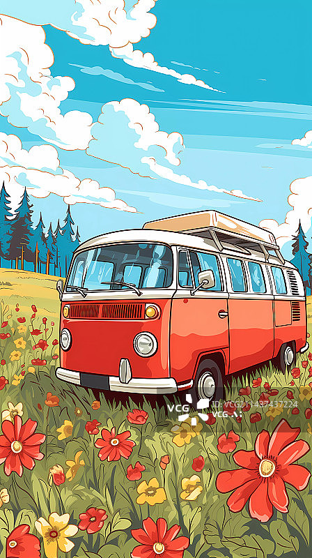 【AI数字艺术】户外草地中的旅行面包车插画图片素材
