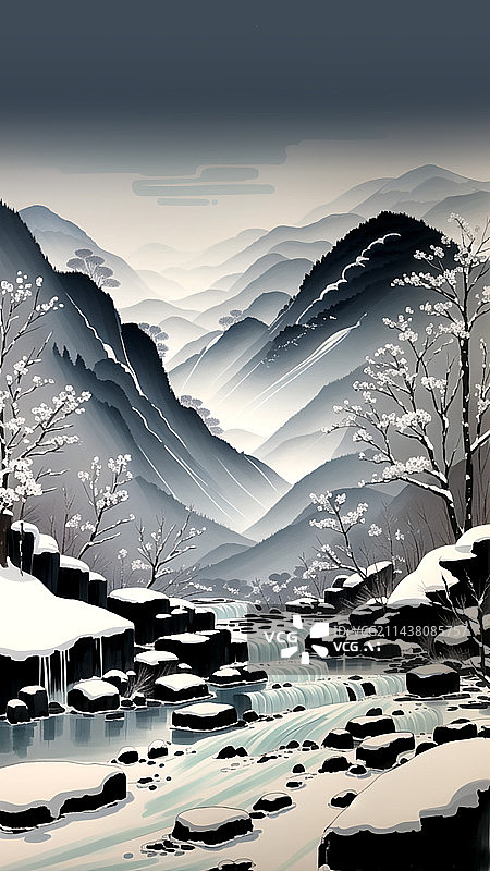 【AI数字艺术】复古风黑白水墨国画雪景山水画图片素材