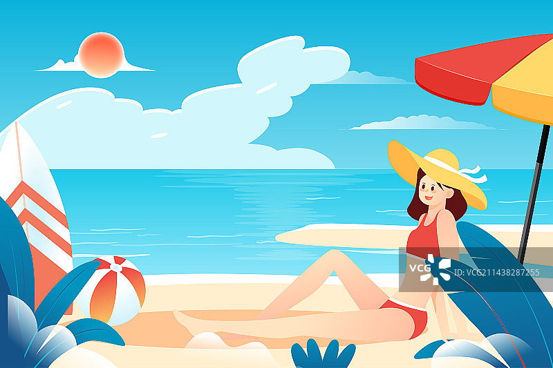 大暑节气海边旅行夏季海滩度假避暑矢量插画图片素材
