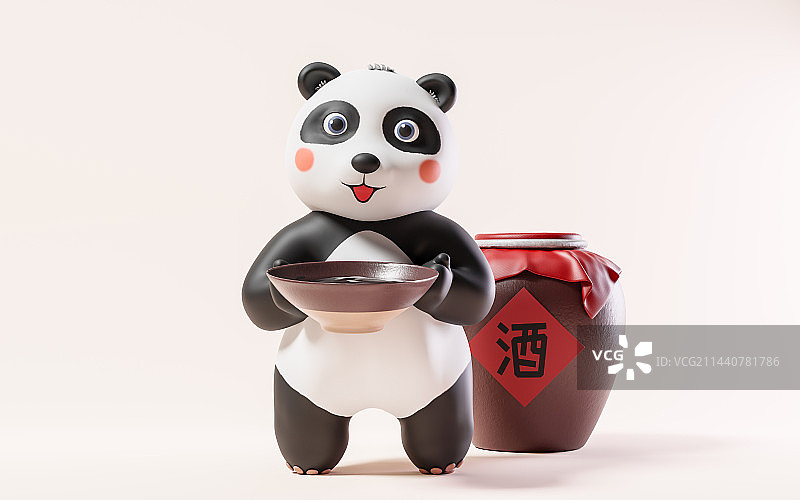 卡通大熊猫与古风酒坛子3D渲染图片素材