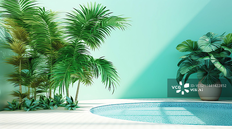 【AI数字艺术】绿植和游泳池背景横图图片素材
