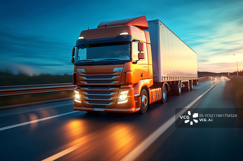 【AI数字艺术】大卡车在高速公路上移动速度，普通大卡车在高速公路上飞驰,图片素材