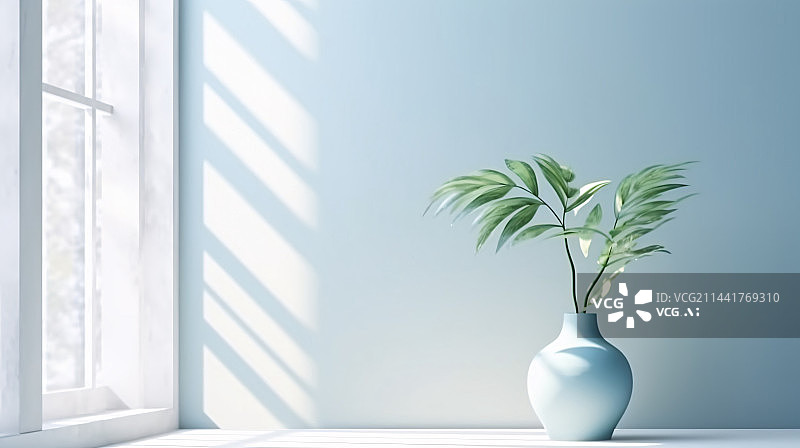 【AI数字艺术】阳光照射进空房间 3D渲染，明亮的房间有蓝色的墙壁。异国情调的室内植物。图片素材