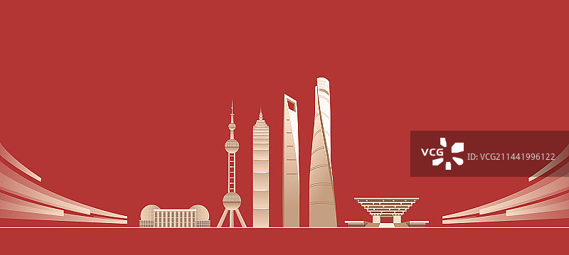 红金上海天际线建筑地标高端矢量插画，上海庆典插画图片素材