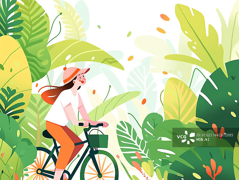 【AI数字艺术】夏天森林中骑单车的长发少女图片素材