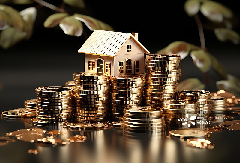 【AI数字艺术】住房和退休后的资金准备,一排金币上的小房子模型图片素材