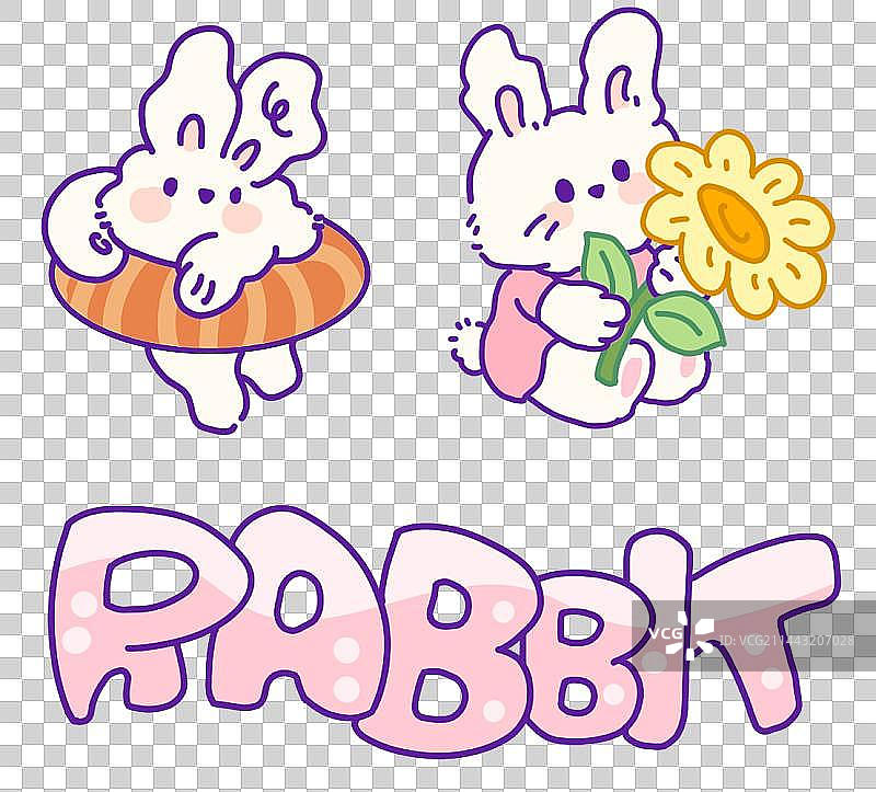 可爱描边风格，兔子与花动物插画贴纸元素图片素材
