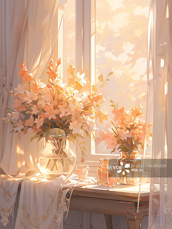【AI数字艺术】阳光照耀窗边的鲜花插画背景图片素材