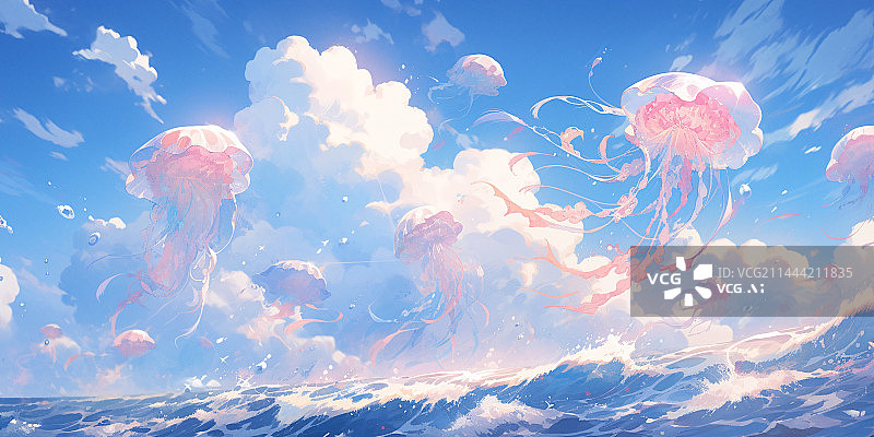 【AI数字艺术】水母在天空飞行梦幻唯美插画图片素材