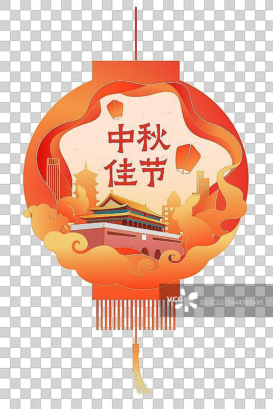 中国传统节日中秋节剪纸建筑风格矢量插画图片素材