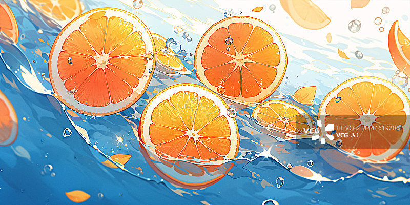 【AI数字艺术】夏天橙子切片在水中清凉背景插画图片素材