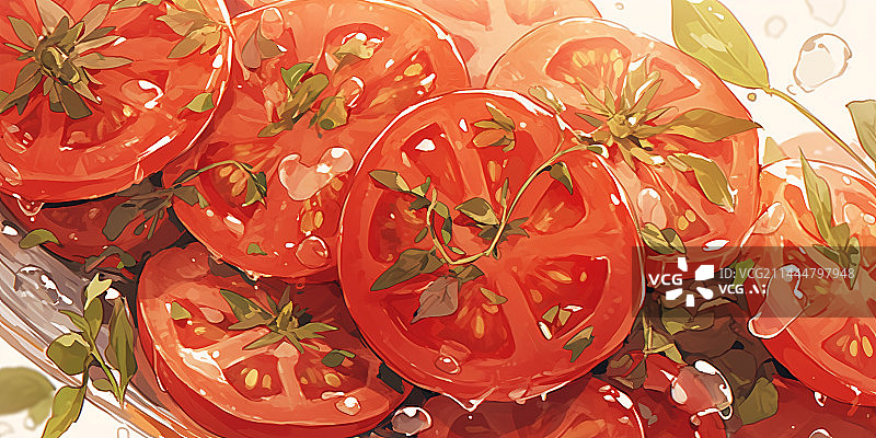 【AI数字艺术】番茄西红柿切片美食插画图片素材