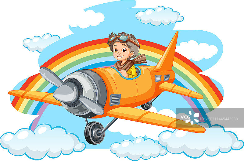 快乐的男孩骑着飞机，天空中有彩虹图片素材