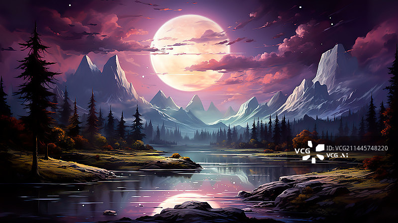 【AI数字艺术】水彩风格雪山河流秋色日出日落插画背景图图片素材