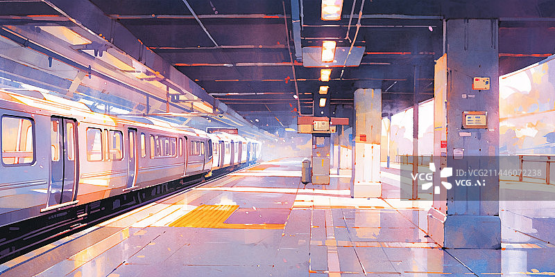 【AI数字艺术】地铁站地铁进站唯美水彩场景插画图片素材
