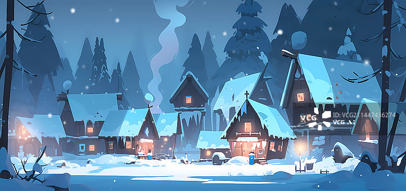 【AI数字艺术】冬天下雪城镇风景插画图片素材