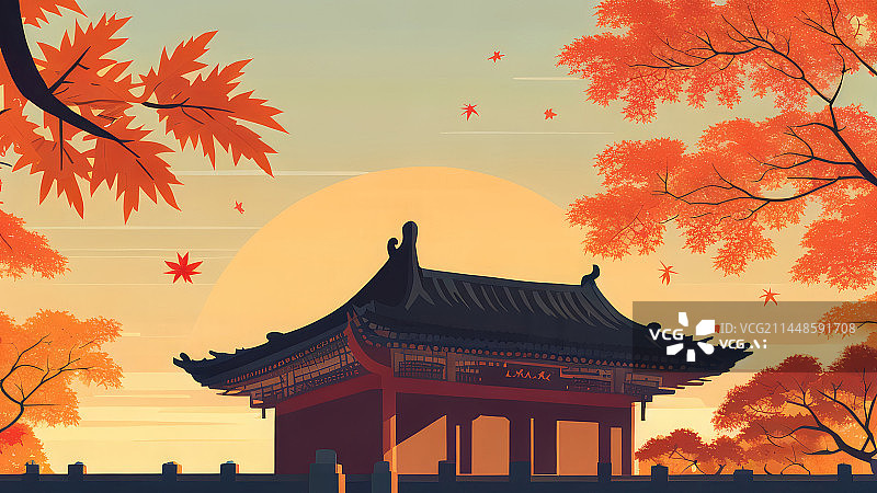 【AI数字艺术】秋季枫叶古建筑插图图片素材