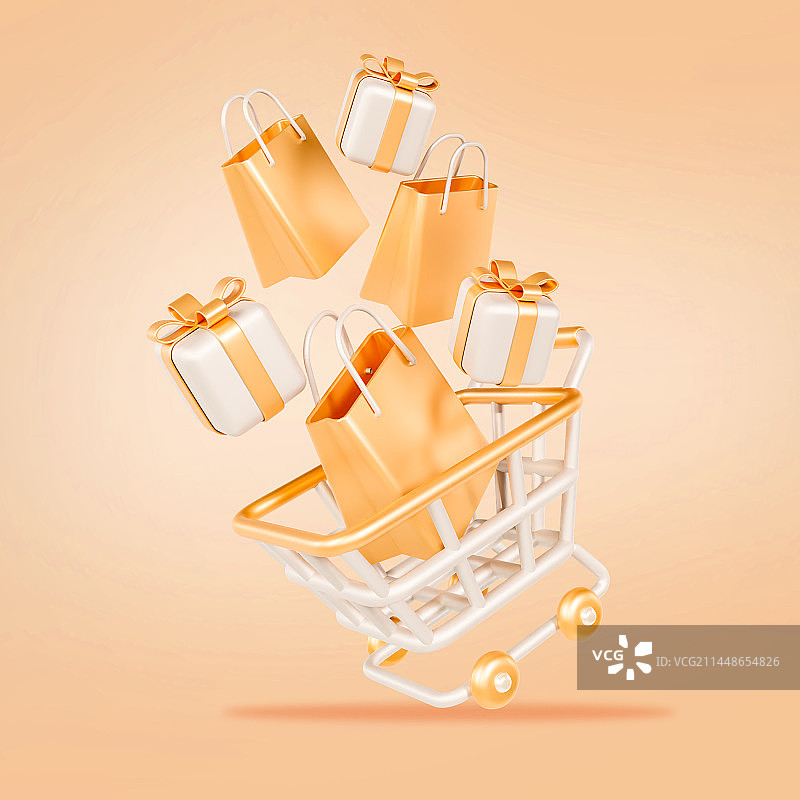 3D立体礼盒购物袋礼品金色高档礼盒插画图片素材