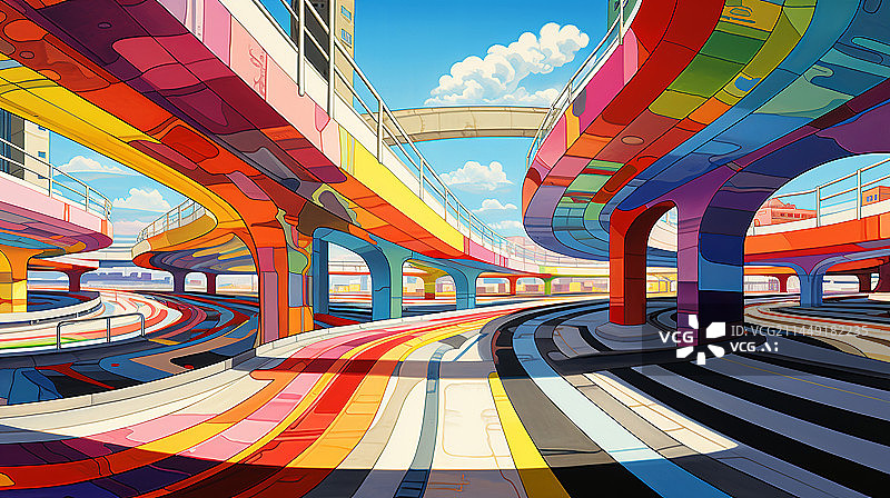 【AI数字艺术】色彩丰富的城市公路立交桥插画图片素材