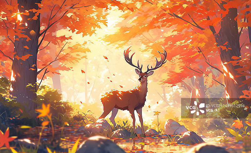 【AI数字艺术】秋分节气，麋鹿在秋天的森林奔跑，保护动物插画图片素材