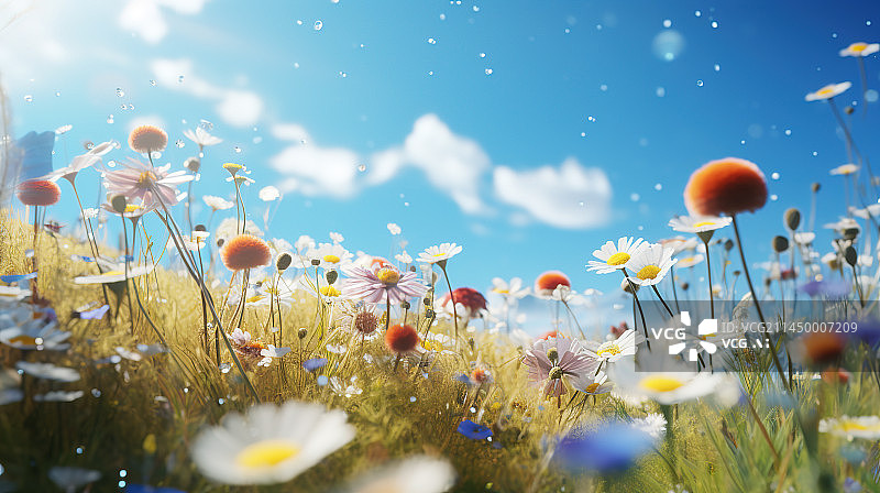 【AI数字艺术】蓝天白云下的花朵漫画图片素材