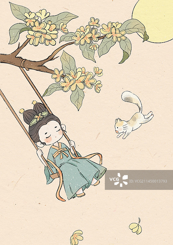 国风插画桂花树下的女孩和猫咪荡秋千/中秋节氛围图片素材