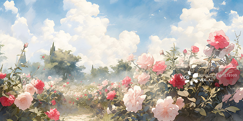 【AI数字艺术】唯美玫瑰花庄园蓝天白云水彩插画图片素材