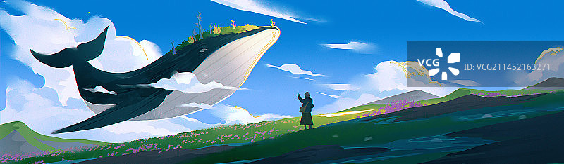 唯美插画天空鲸鱼图片素材
