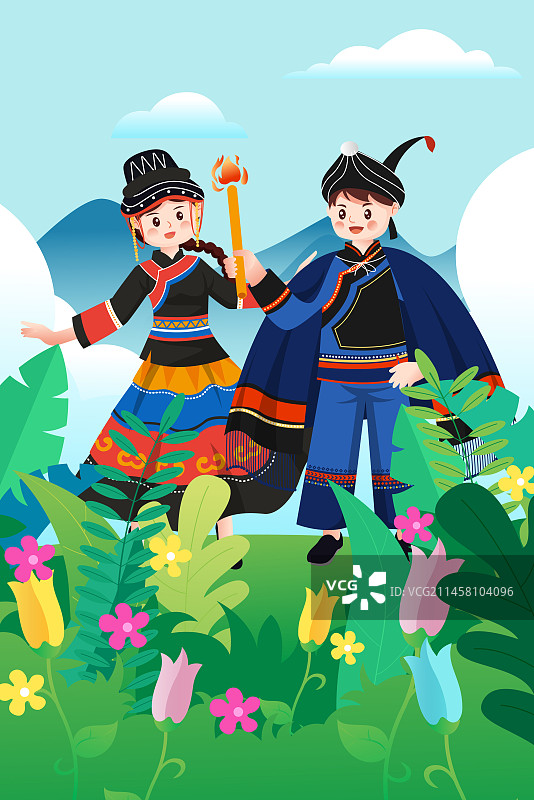中华传统56个民族少数民族彝族人物矢量插画海报图片素材