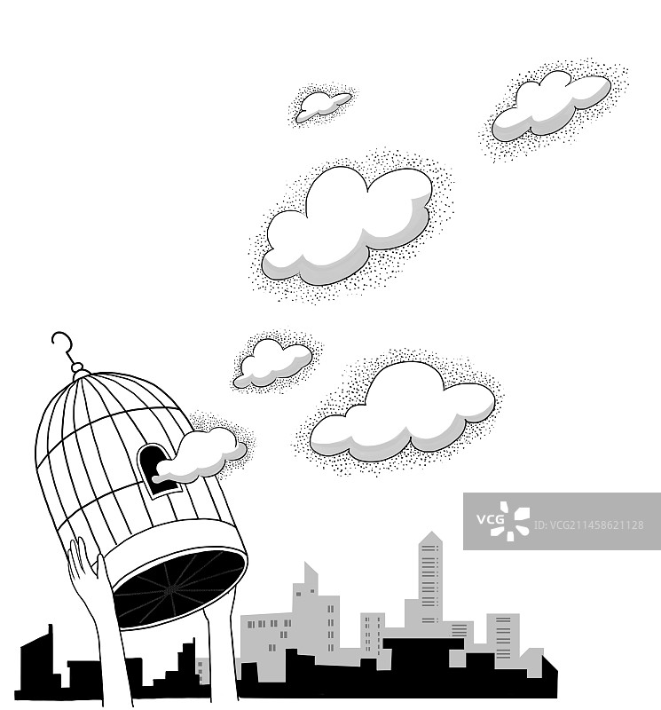 向往 自由 云彩 鸟笼 放飞 漫画 卡通 哲理图片素材