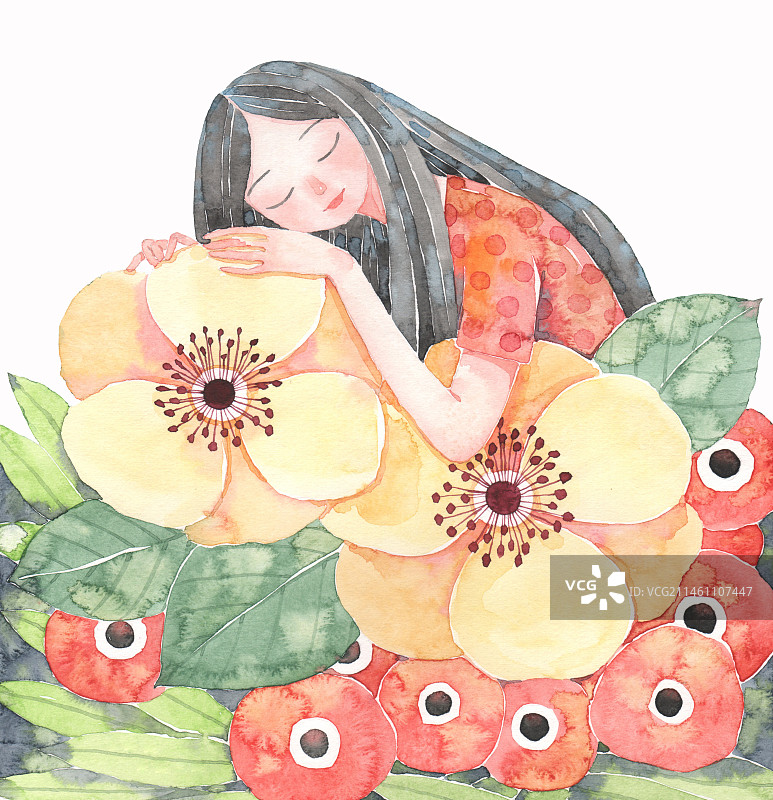 水彩人物画得真美 趴在花朵上睡着了图片素材