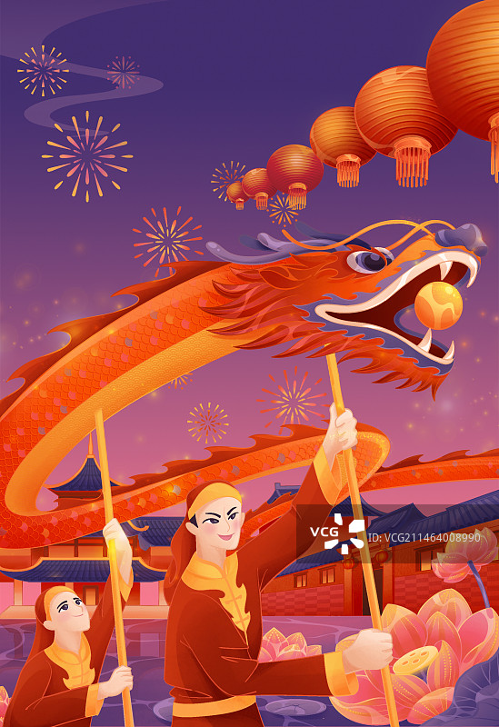 龙年春节舞龙创意插画图片素材