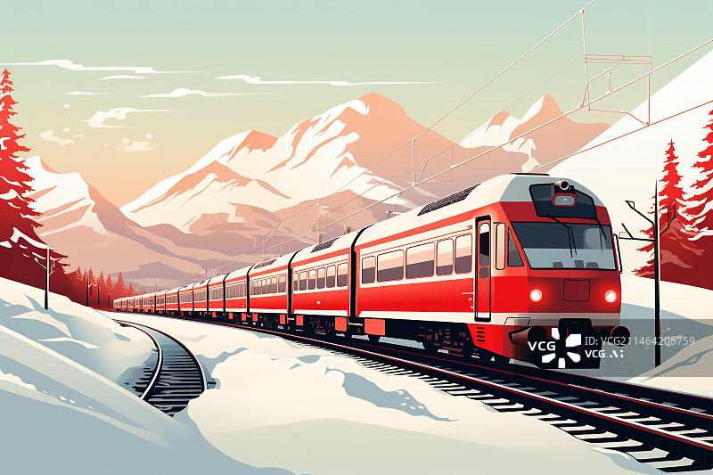 【AI数字艺术】冬季春运行驶的列车插画图片素材