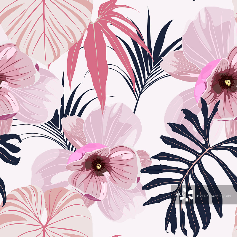 无缝花卉图案与粉红色的木兰图片素材