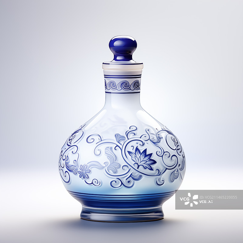 【AI数字艺术】3D造型青花瓷风格白酒瓶插图图片素材