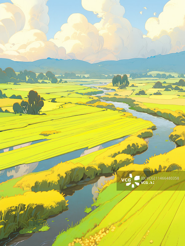 【AI数字艺术】绘画风格的白云下的农田图片素材