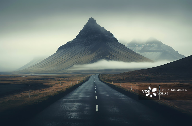 【AI数字艺术】空旷的道路沿著风景和山峦对天图片素材
