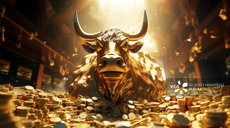 【AI数字艺术】满屋金币上的一个金牛3D金融类插画图片素材