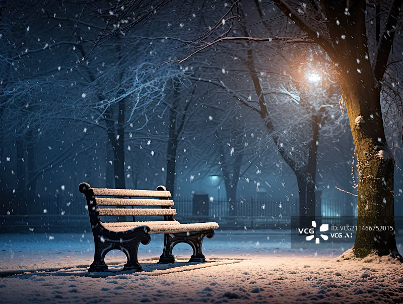 【AI数字艺术】下雪晚上的长椅图片素材