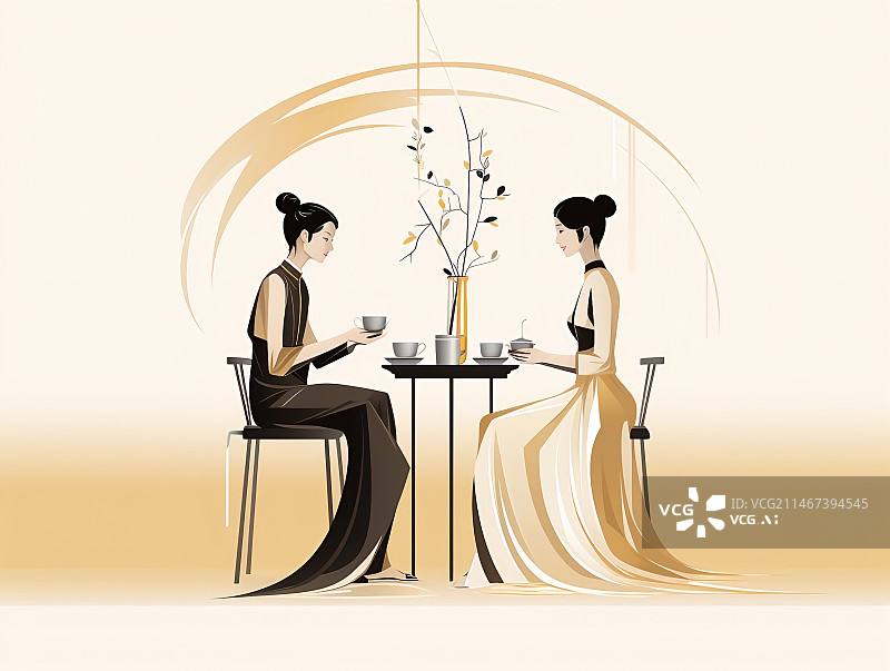 【AI数字艺术】两个喝茶女人的艺术插图图片素材