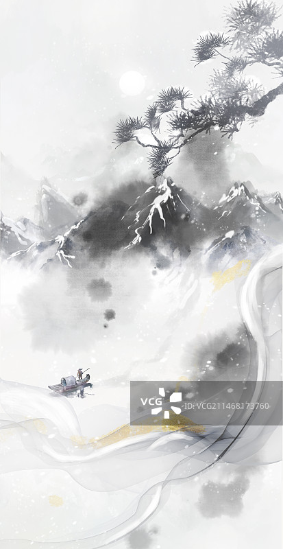 手绘中国风竖版冬季水墨节气风景山水画背景图片素材