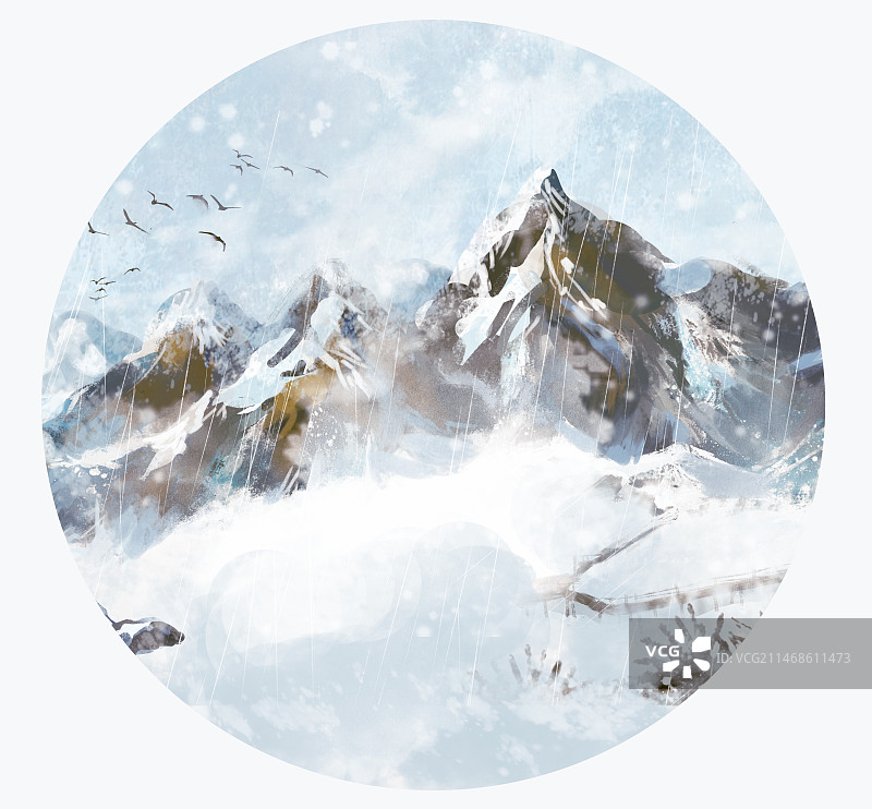 手绘中国风冬天节气水墨山水雪景背景插画图片素材