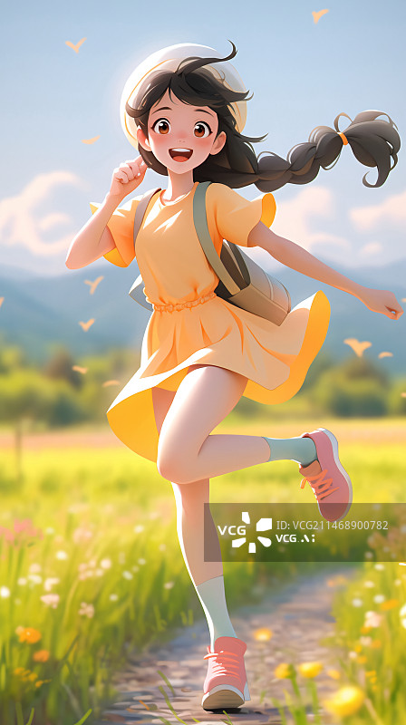 【AI数字艺术】立春节气插图，春天里奔跑的女孩3D插画图片素材